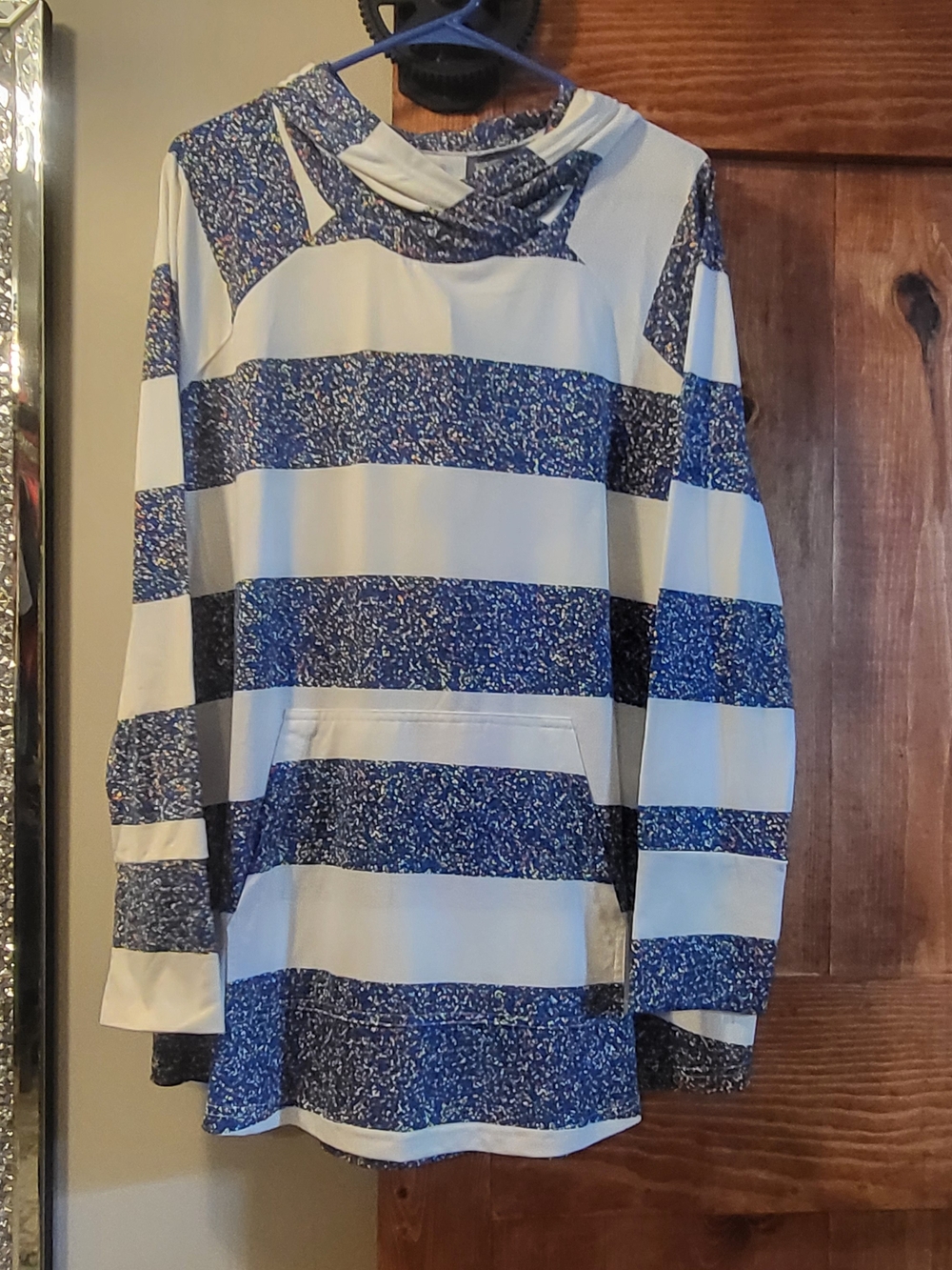 LuLaRoe Amber- Multi-volored Confetti- Blue and White Striped Pullover Hoodie